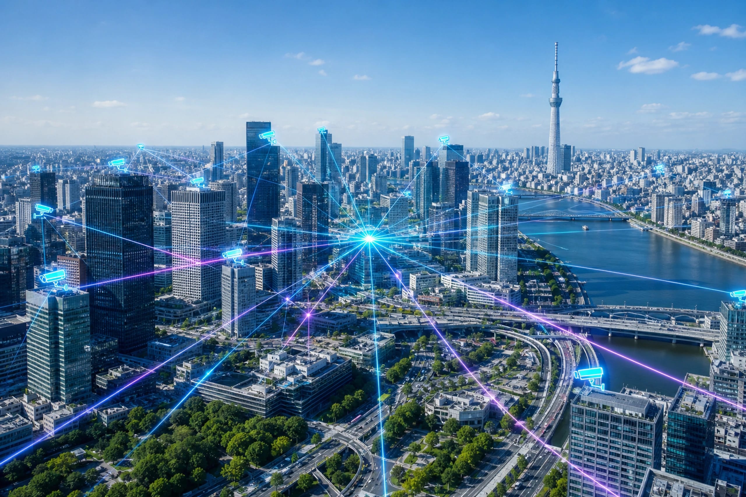 JT Absolute smart city skyline — CCTV network and security infrastructure